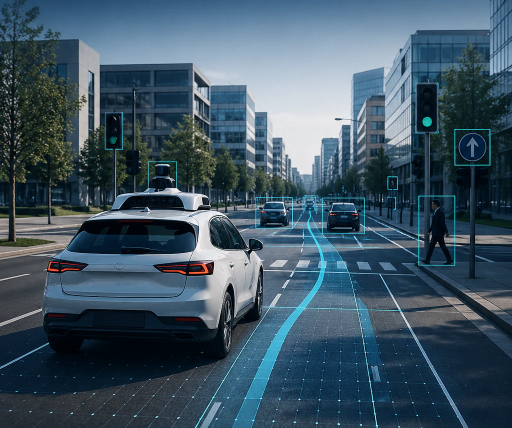 An autonomous vehicle detecting surrounding cars, a pedestrian, and traffic lights while following a planned trajectory through a city street.